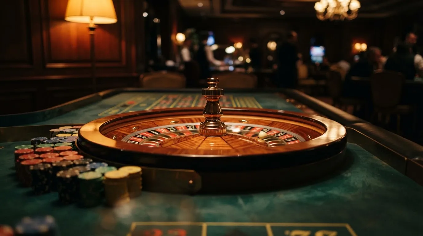 Rulettipyörä ja pelimerkit vihreällä huovalla lämpimässä iltavalossa — casino ventti