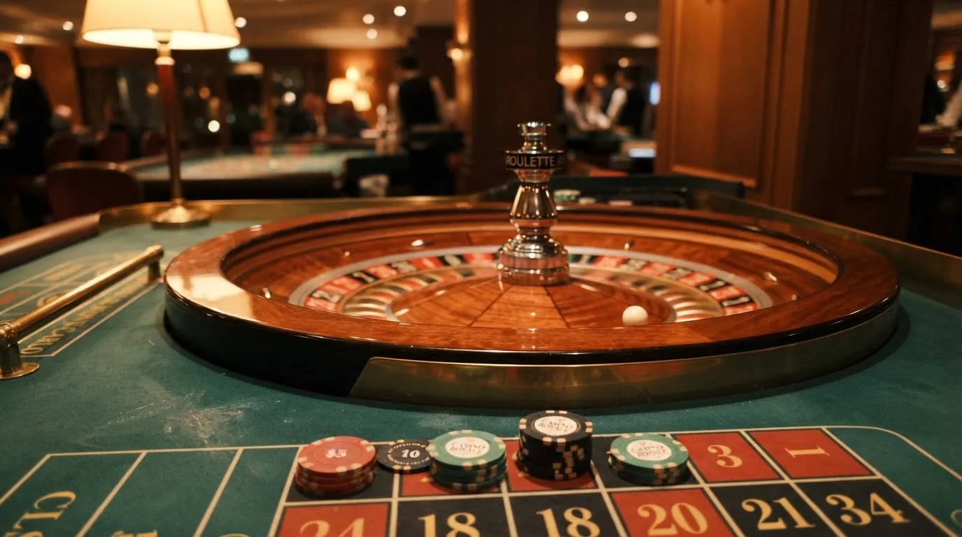 Rulettipyörä ja pelimerkit vihreällä huovalla lämpimässä iltavalossa — kolikkopelit casino pelit