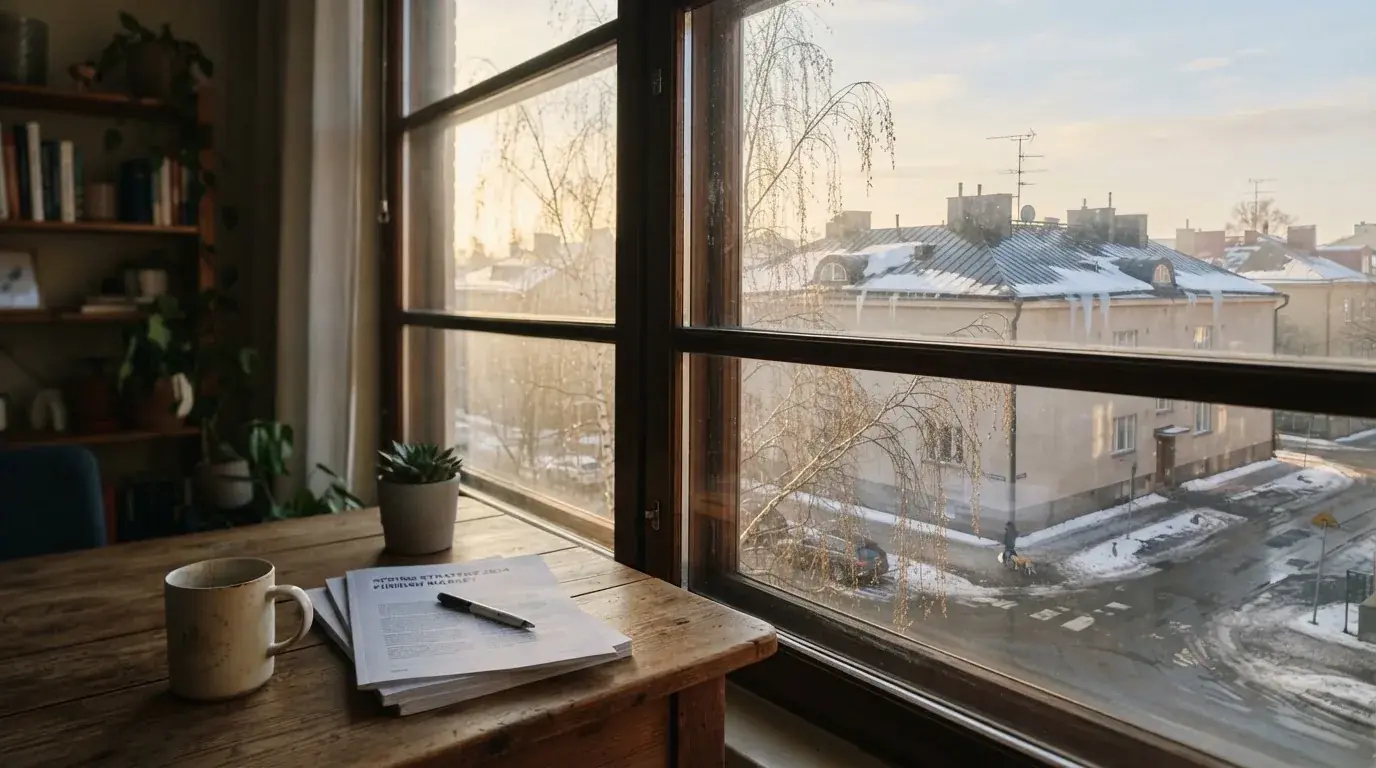 Toimistohuoneen ikkunasta näkyy maaliskuun aamu, lumi sulaa katolla auringonpaisteessa hiljaisella aamulla.