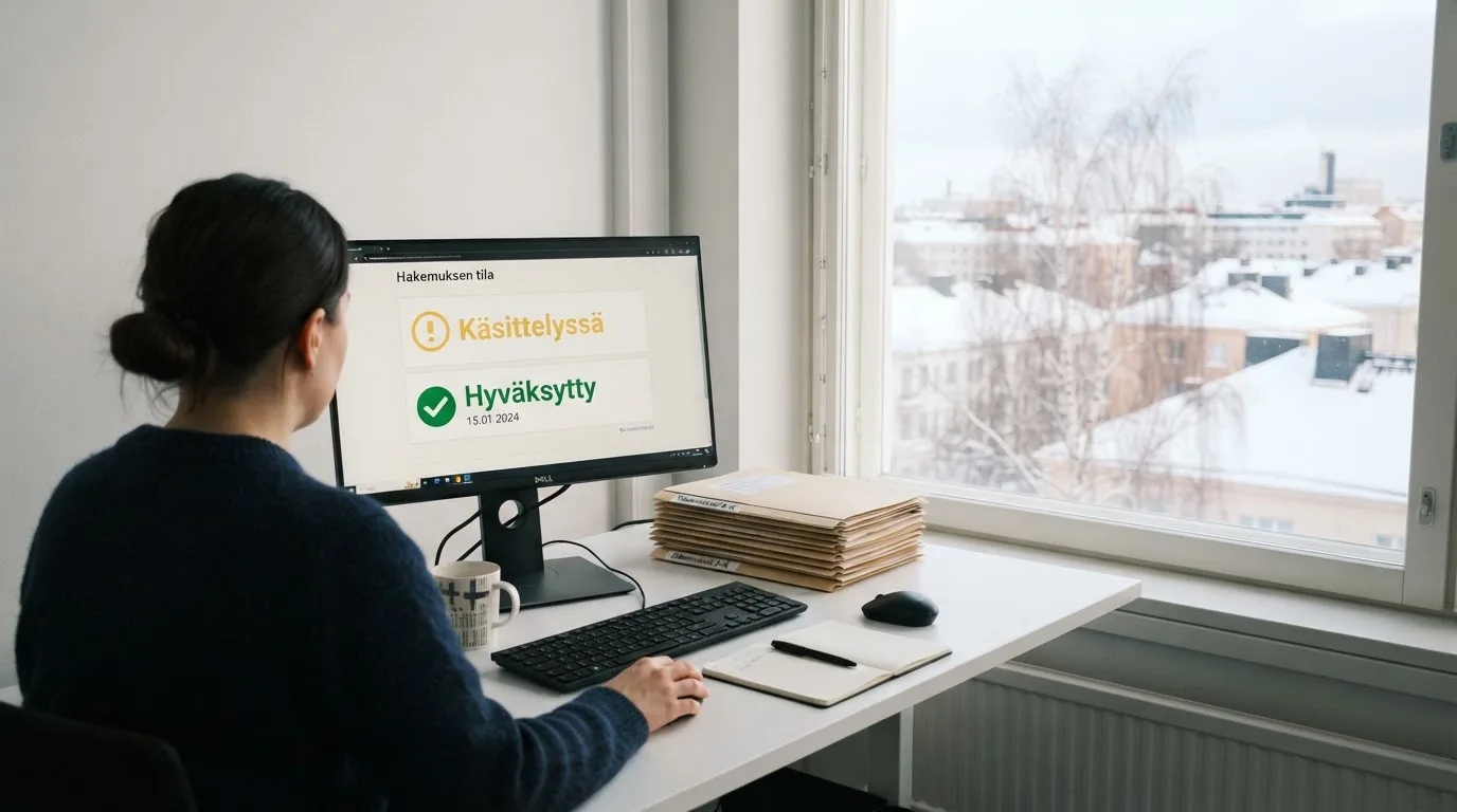 Virkailija istuu vaaleassa virastohuoneessa tietokoneen ääressä, ikkunasta näkyy talvinen kaupunkimaisema.