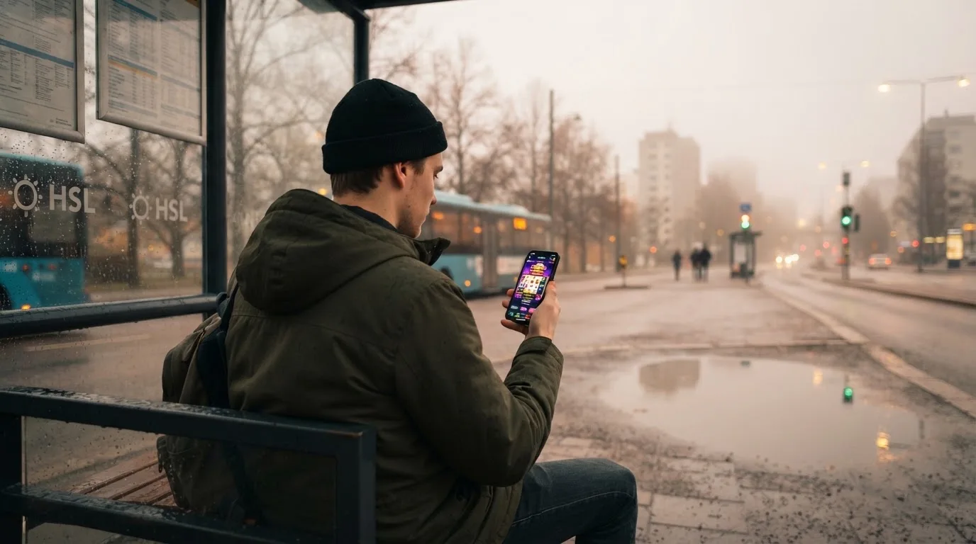 Nuori mies selaa älypuhelinta bussipysäkillä odottaessaan iltapäivällä, taustalla sumuinen katunäkymä.