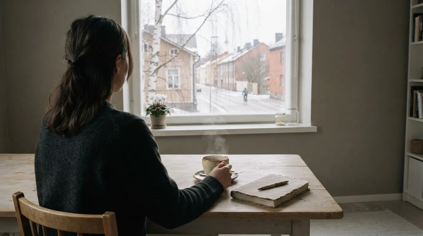 Henkilö istuu keittiön pöydän ääressä teekupin kanssa katsellen ulos ikkunasta aamulla.