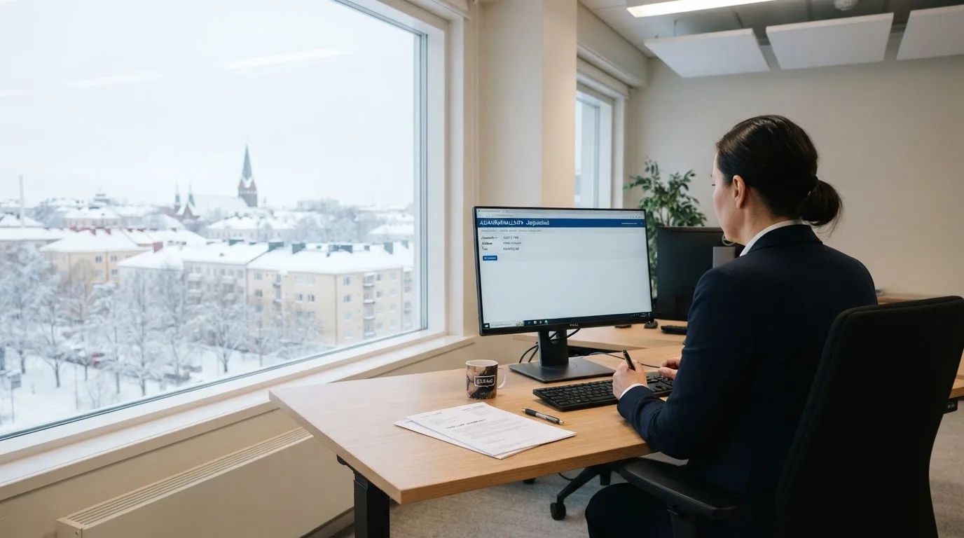 Virkailija istuu vaaleassa virastohuoneessa tietokoneen ääressä, ikkunasta näkyy talvinen kaupunkimaisema.