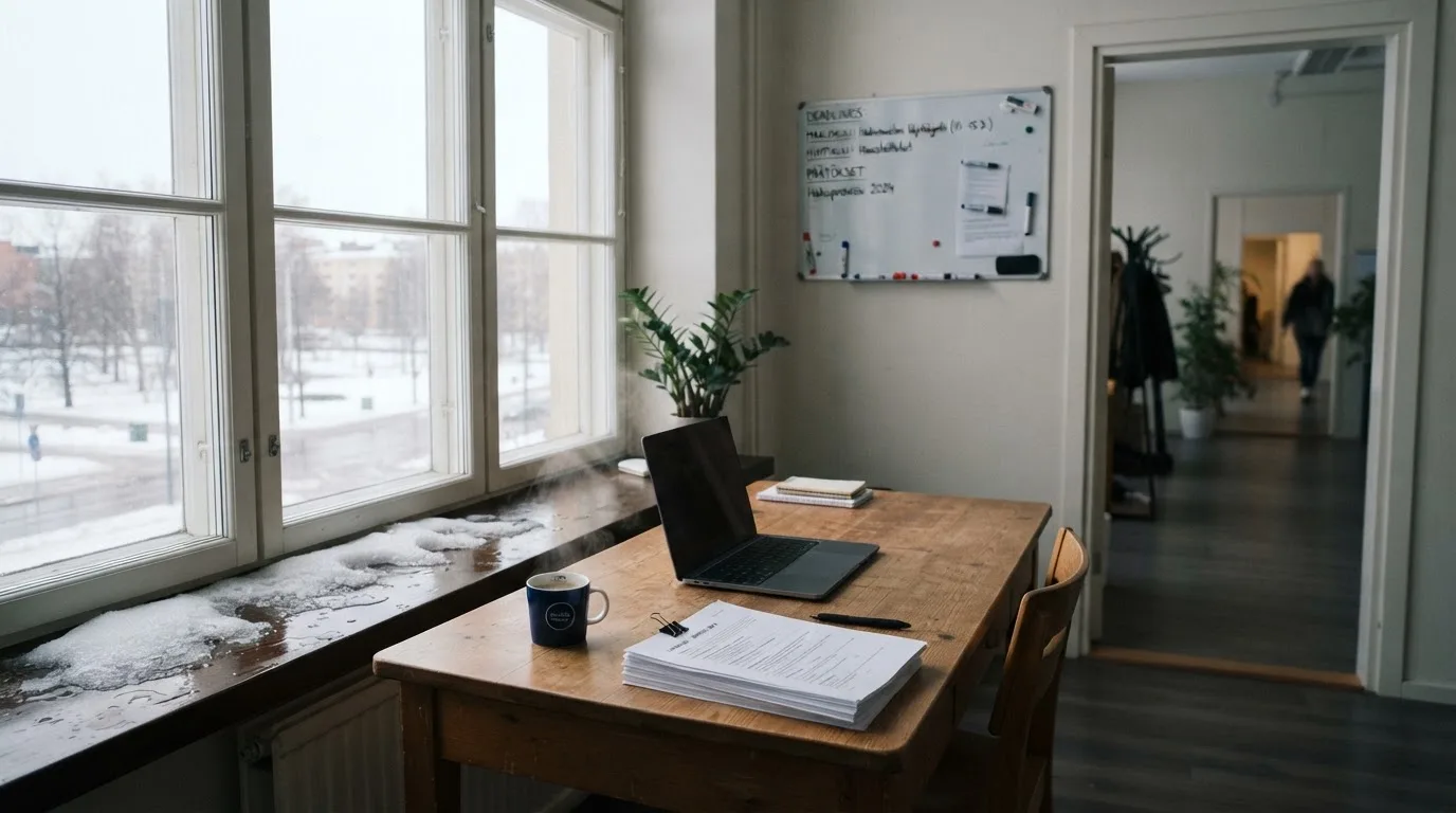 Toimistohuone maaliskuun aamuvalossa, ikkunasta näkyy sulava lumi ja vaalea taivas.